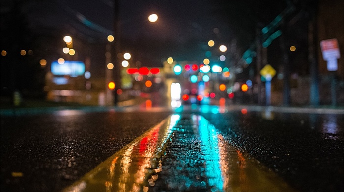 cities, night, street, reflection, rain