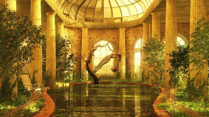 swimming pool, 3D, water, art, interior, statue