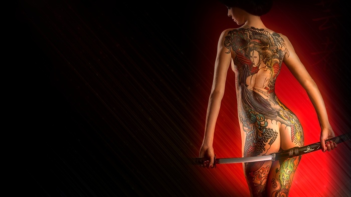 girls, girl, sword, figure, tattoo