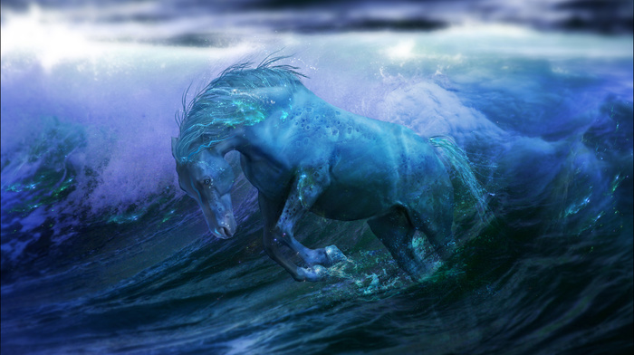 fantasy, ocean, water, waves, horse