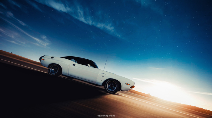 cars, Dodge, sky, stars, sunrise, speed, track
