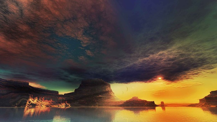 sunset, rocks, clouds, art, lake, 3D