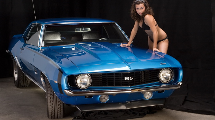blue, cars, bikini, Chevrolet, girl, camaro