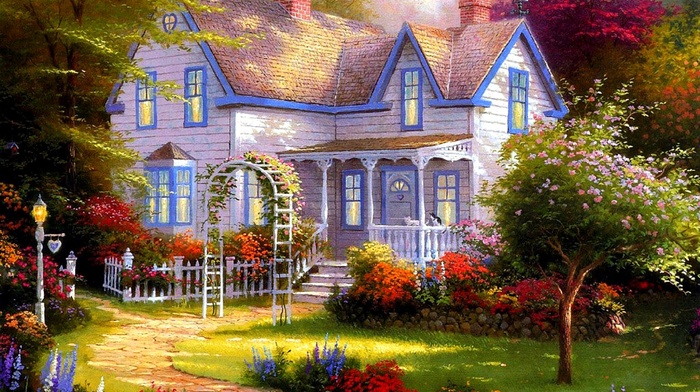grass, trees, house, stunner, painting, flowers