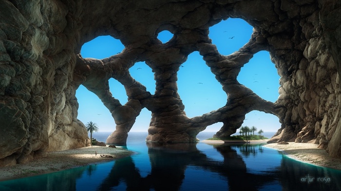 3D, palm trees, sand, sea, art, rocks