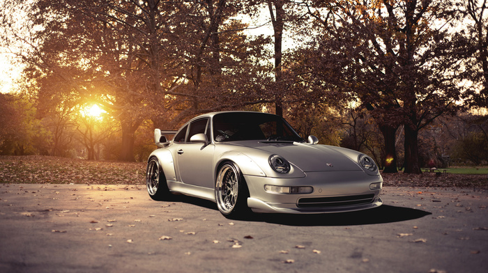 gt, park, sunset, autumn, road, leaves, trees, cars
