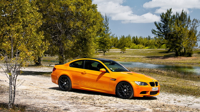 sky, bmw, m3, lake, clouds, trees, cars, forest