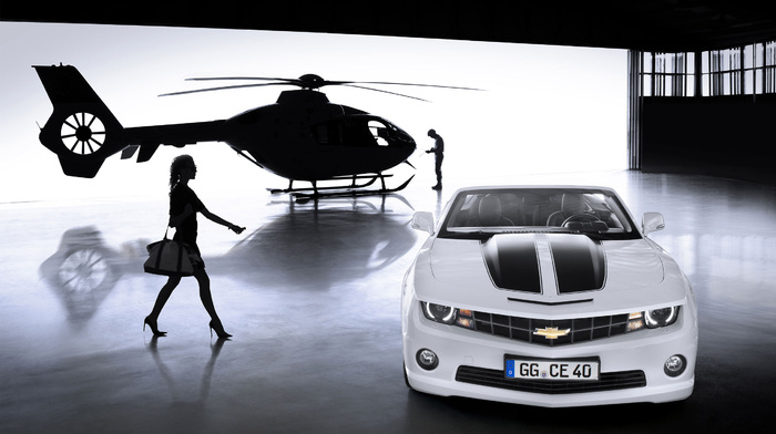 girl, helicopter, cars