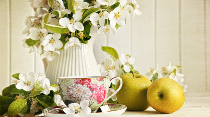 cup, tea, delicious, apples, flowers