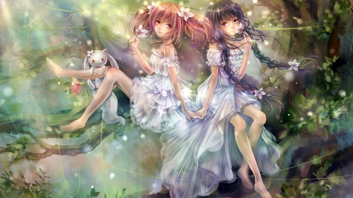 Akemi Homura, Mahou Shoujo Madoka Magica, Kaname Madoka, trees, dress, flowers