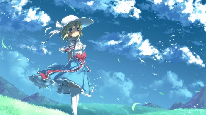 sky, field, birds, clouds, landscape, anime girls, dress