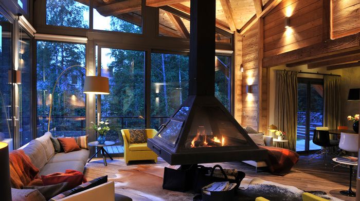 interior, design, house, fireplace