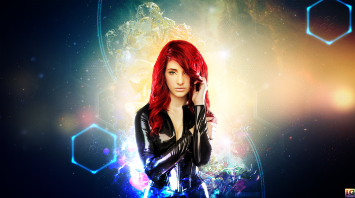 leather, redhead, curly hair, space, girl, stars, glowing