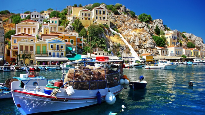 houses, mountain, cities, sea, nature, Greece, boats