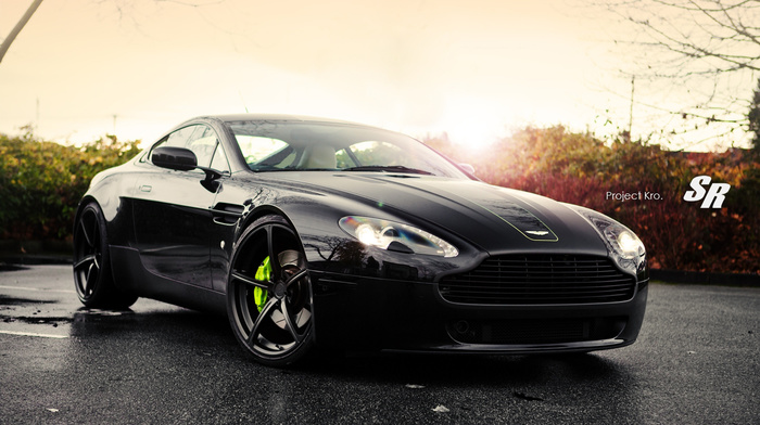 autumn, wheels, Aston Martin, light, cars, black, headlights, sunset