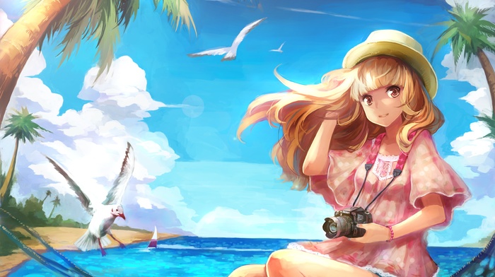 beach, birds, anime girls