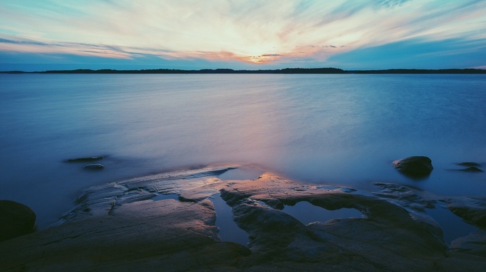 lake, rock, sunset, water, Finland