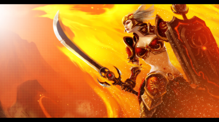 sword, League of Legends, leona, bikini armor, shields, orange background