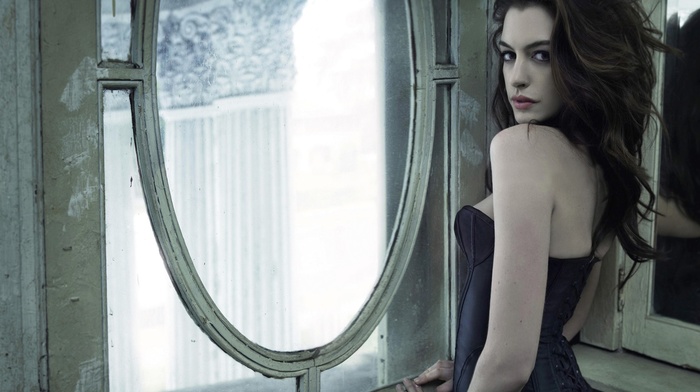 girl, looking back, Anne Hathaway, brunette, side view, actress, brown eyes, corsets