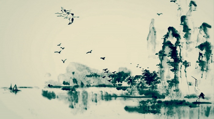 birds, lake, ink