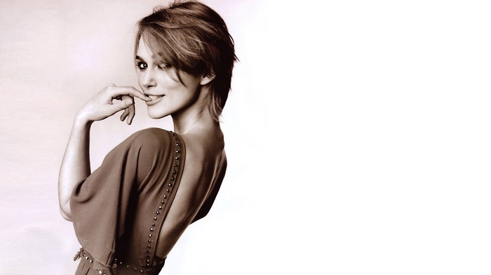 back, colorized photos, brown eyes, brunette, sepia, smiling, Keira Knightley