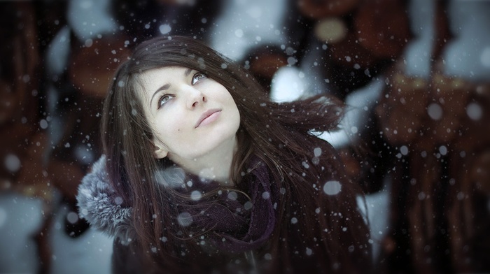 girl, brunette, snow