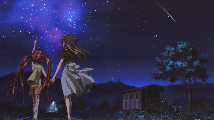 Air anime, night, anime, shooting stars, stars