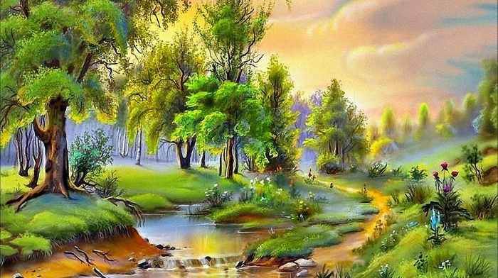 painting, river, landscape, stunner