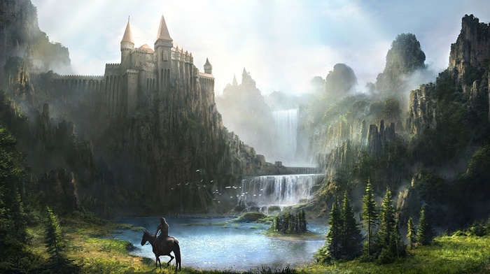 waterfall, castle, fantasy, art