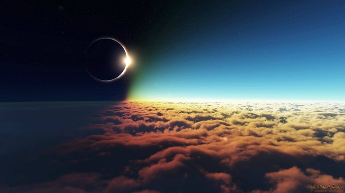 clouds, space, solar eclipse, moon, eclipse, Sun