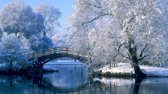lake, snow, bridge, landscape, winter, nature