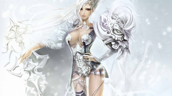 sword, girl, white hair, fantasy, art