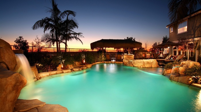 swimming pool, house, stones, waterfall