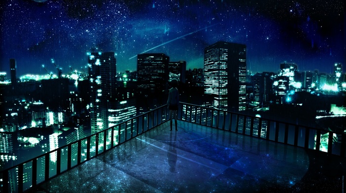 building, anime, cityscape, stars