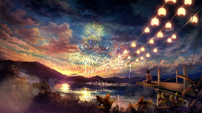 concept art, girl, fireworks, colorful, lake, artwork