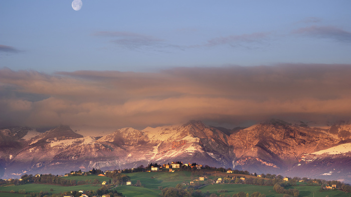 nature, sky, city, mountain, moon