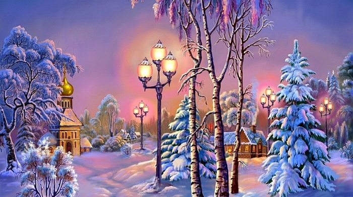 winter, trees, snow, evening