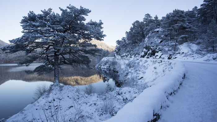 river, winter, road