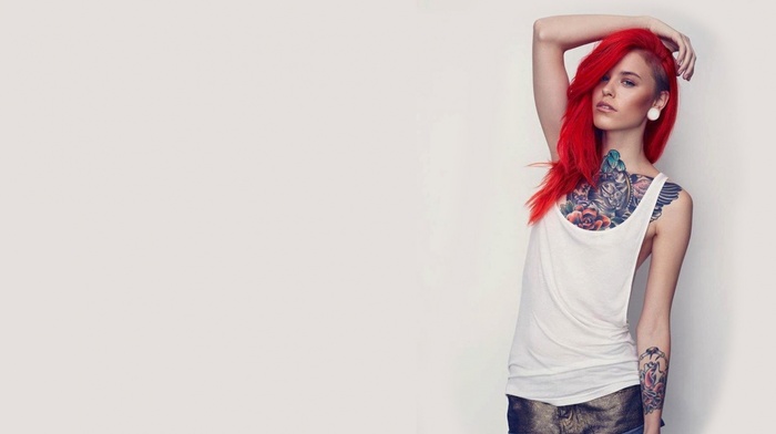 tattoo, girl, redhead, denim