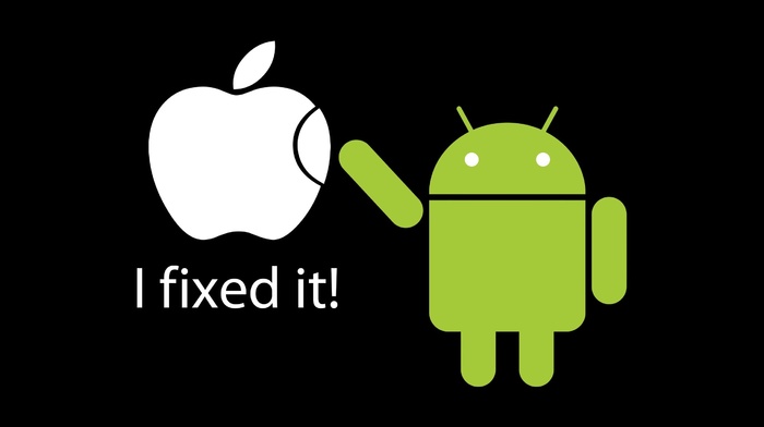 logo, humor, black background, Android operating system, Apple Inc.