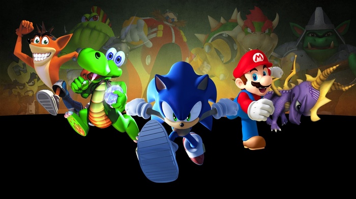 Sonic the Hedgehog, Crash Bandicoot, Spyro, Super Mario