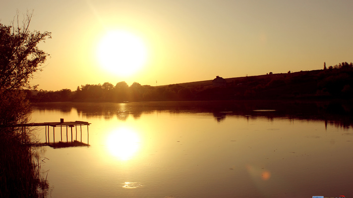 trees, nature, sunset, lake, Sun, landscape