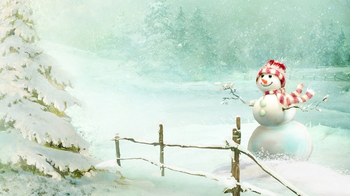 winter, snow, smiling, snowman, fir-tree