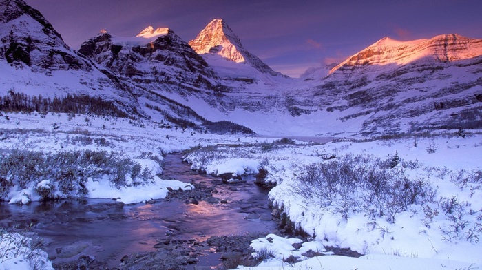 winter, sunset, nature, river, mountain, snow