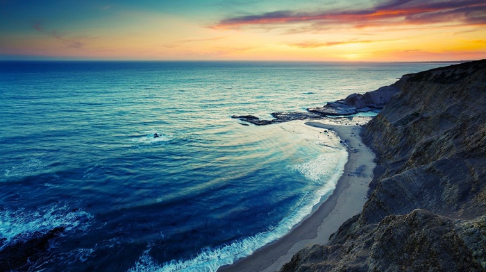 rock, sea, nature, sunset