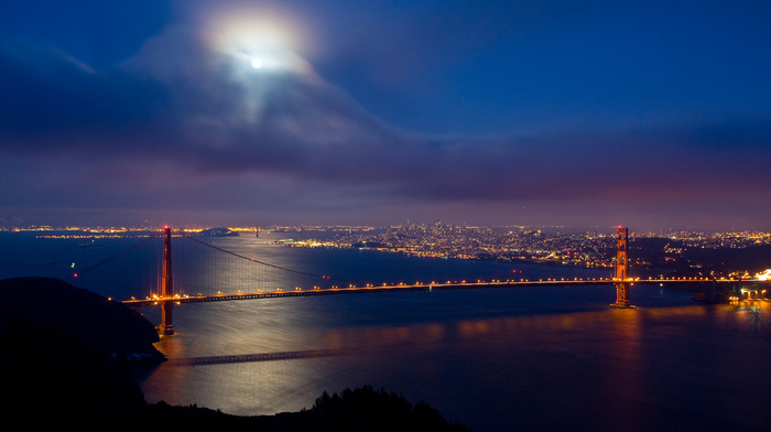 bridge, nature, moon, clouds