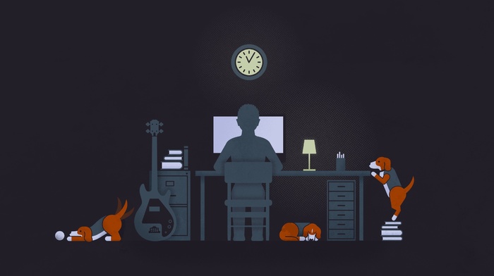desk, computer, simple, dog, books, clocks, guitar