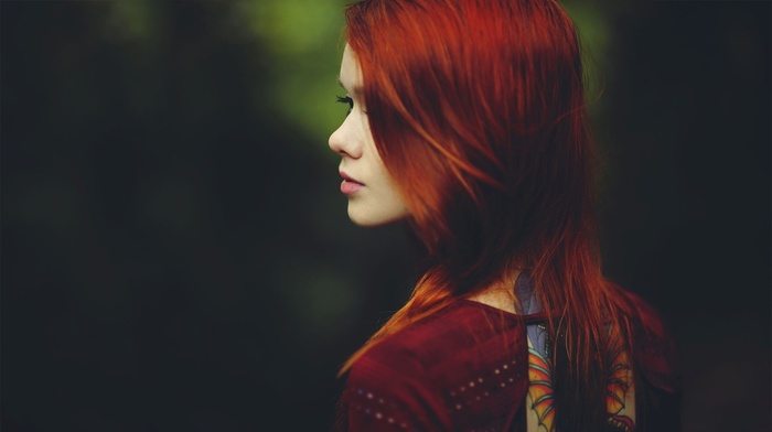 redhead, depth of field, girl outdoors, girl, tattoo