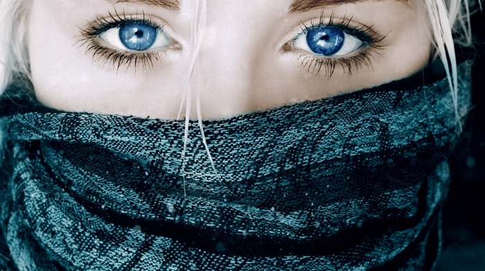 scarf, blue eyes, face