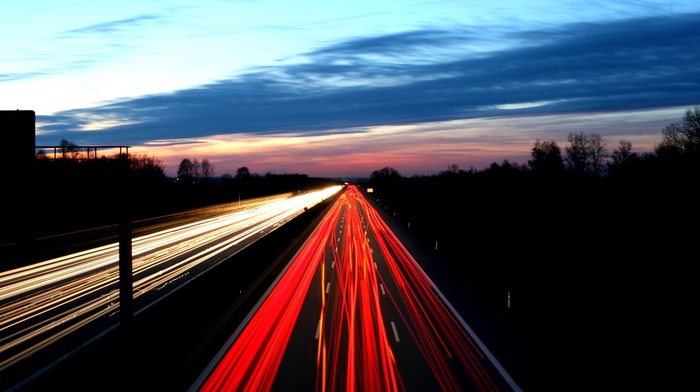 light trails, cityscape, road, lights